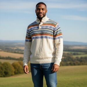 Chaps Mens Long Sleeve 1/4 Button Mock Neck Fair Isle Snowflake Sweater Cream XL